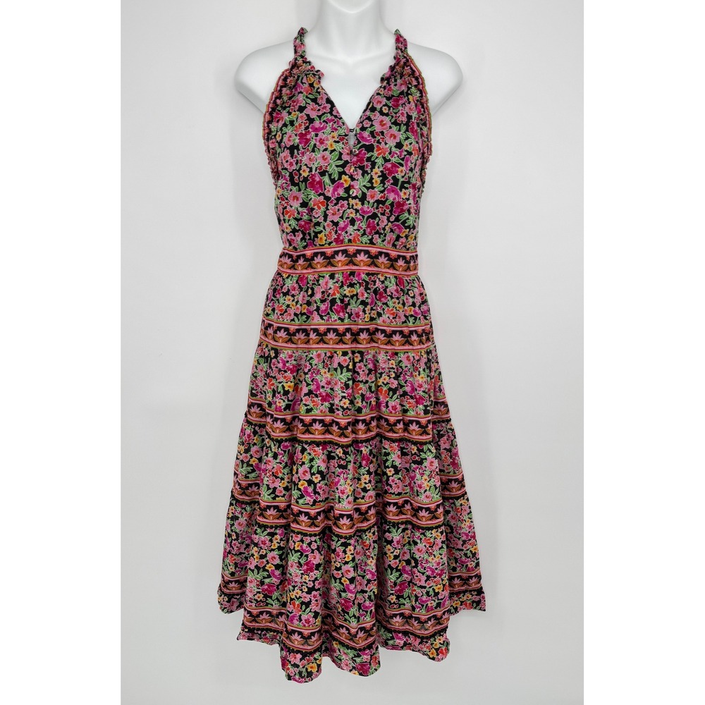 Hale Bob Tiered Midi Dress Large Black Floral Halter Boho Summer Ruffle Cotton